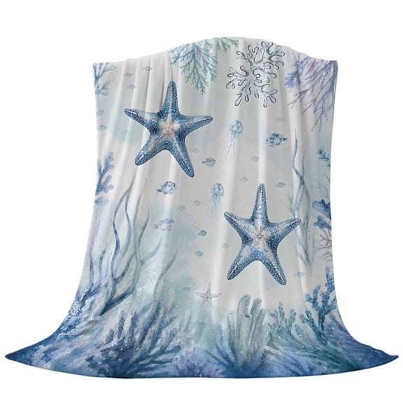 Summer Sea Starfish Fleece Throw Blanket Lightweight Coastal Nautical Ocean Blue Fish Coral Seaweed Fuzzy Flannel Throws Super Soft Cozy Flannel Blanket for Couch, Sofa, Bed, Travel 30"x40"