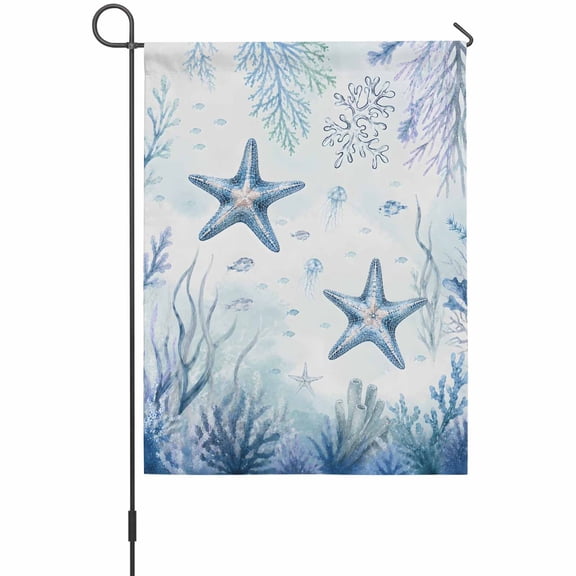 Summer Sea Starfish Garden Flags For Outdoor, Coastal Nautical Ocean Blue Fish Coral Seaweed Small Double Side Yard Flags Weather Proof Garden Decor for Lawn Outside Holiday 12 x 18 Inches