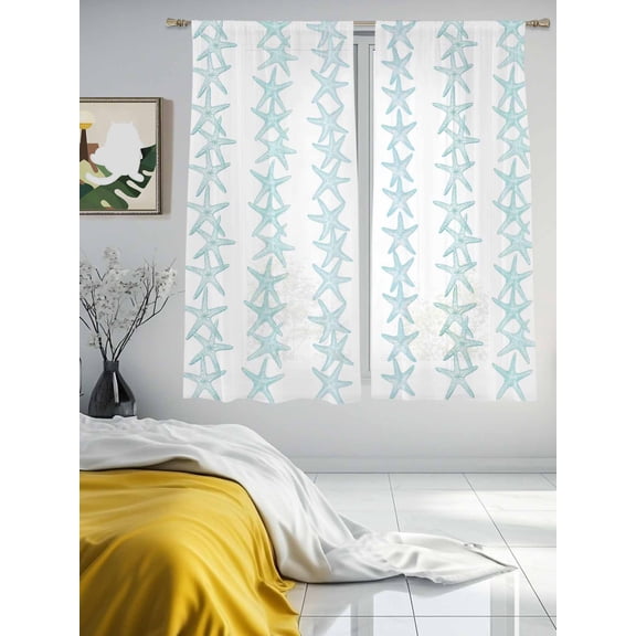 Summer Sea Starfish Seamless Chiffon Sheer Curtains 63 Inches Long Coastal Ocean Animal Pattern Rod Pocket Window Curtains Voile Drapes Curtains for Living Room Bedroom,2 Panels