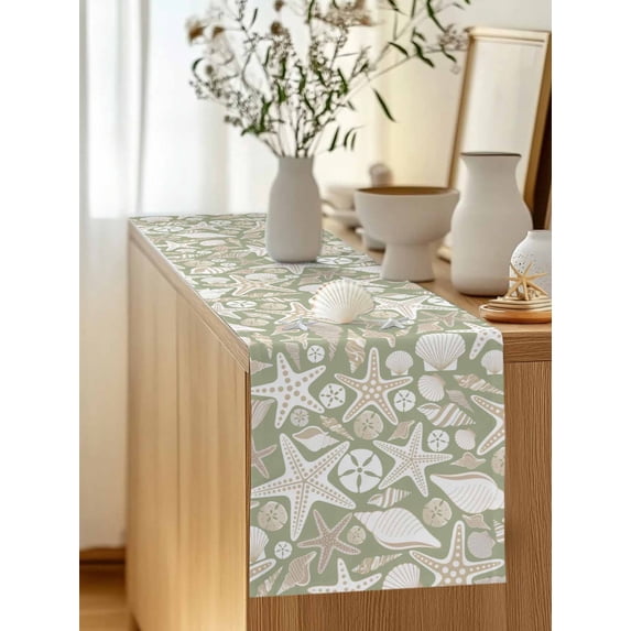 Summer Sea Starfish Table Runner 13x72in Non-Slip Cotton Linen Table Runners, Shell Conch on Green Background Dresser Scarves TableRunner for Dinner Kitchen Dining Wedding Party