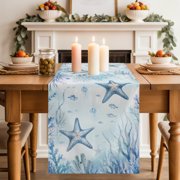 Summer Sea Starfish Table Runner 18x72 Inch Coastal Nautical Ocean Blue Fish Coral Seaweed Cotton Linen Dining Table Runner Ideal for Dresser Kitchen Coffee Tables - Machine Washable