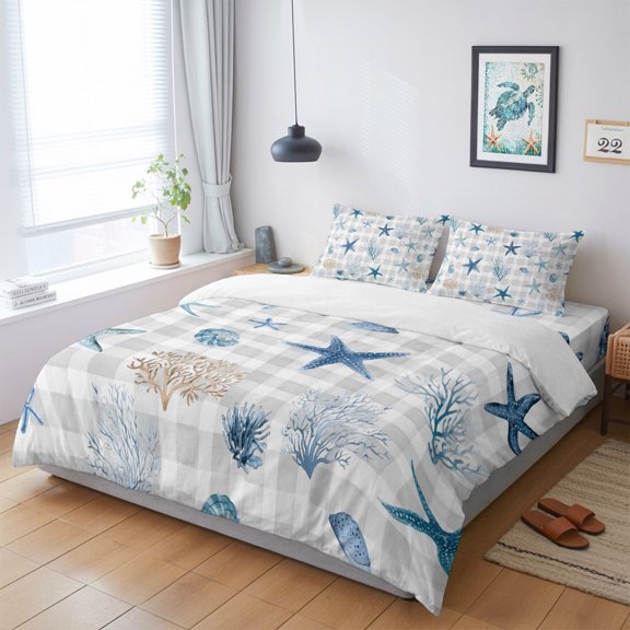 Summer Sea Stars Corals Shells King Size Bed Set,Marine Life on Gray Plaid Bedding for All Seasons,4 Pcs Bed Set with 1 Quiltcover (104"x90"),1 Sheet (108"x98"),2 Pillowcases (20"x36")