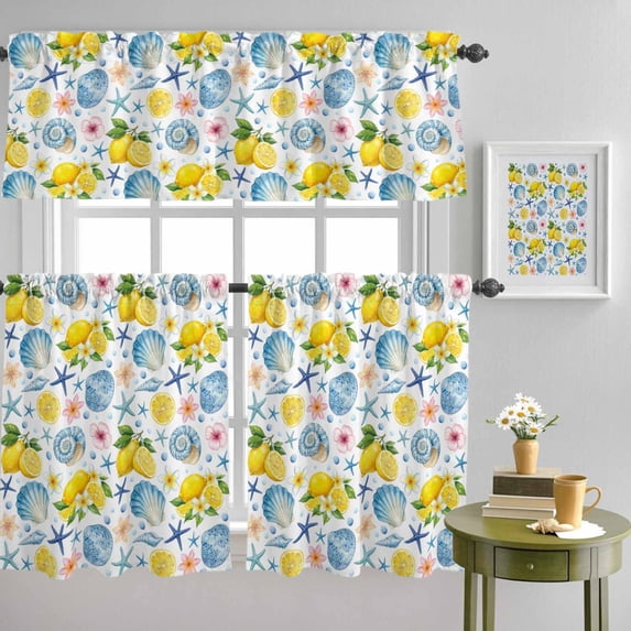 Summer Sea Stars Shells Lemons Curtain Tier and Valance Set 3 Piece, Watercolor Flowers 3-inch Rod Pocket Window Tier Curtains Valance for Kitchen Living Room