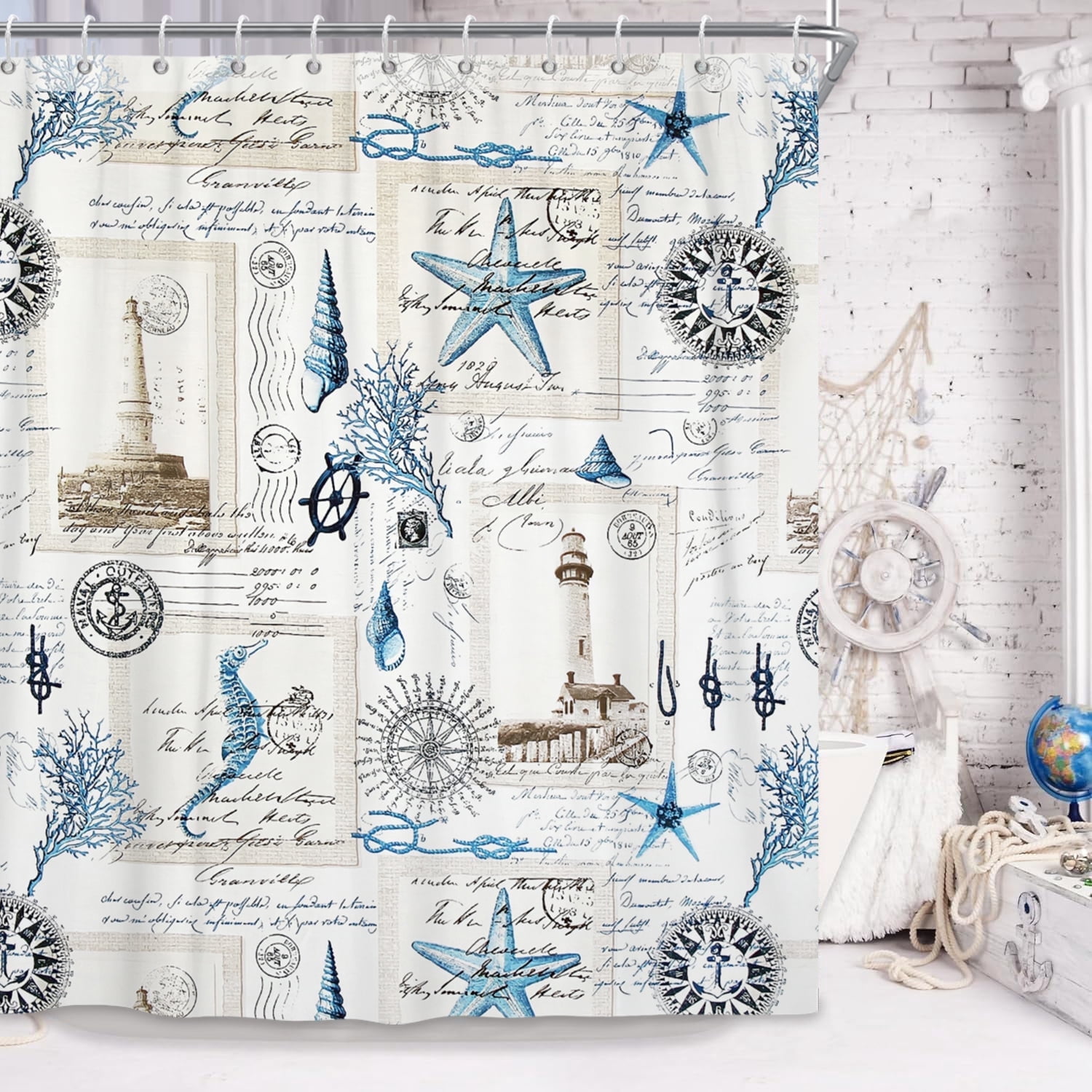 Summer Sea Theme Tall Shower Curtain,Nautical Coastal Seahorse Shower Curtains for Bathroom Decor,Long Shower Curtain 72x78 Inch