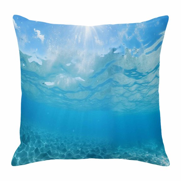 Summer Sea Throw Pillow Cover Water Blue Teal Ocean Waves Sunshine Cotton Linen Cushion Cover Throw Pillow Case with Invisible Zipper for Couch Sofa Bed Chair Car 16x16 Inch