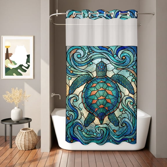 Summer Sea Turtle Abstract No Hook Shower Curtain with See Through Top Window,Nautical Turquoise Waves Waterproof Shower Curtains for Home Hotel Bathroom Decor,36x72in