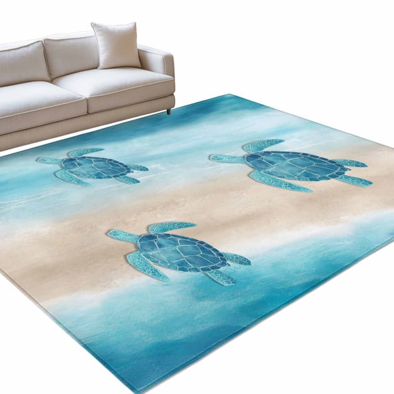Summer Sea Turtle Area Rugs 6x9ft Blue Ocean Animal Gradient Sea Wave Sand Floor Rug Non Slip Low Pile Ultra Soft Throw Carpet for Entryway Indoor Entrance Kitchen Bathroom