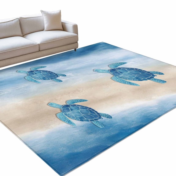 Summer Sea Turtle Area Rugs 6x9ft Dark Blue Ocean Animal Gradient Sea Wave Sand Floor Rug Non Slip Low Pile Ultra Soft Throw Carpet for Entryway Indoor Entrance Kitchen Bathroom