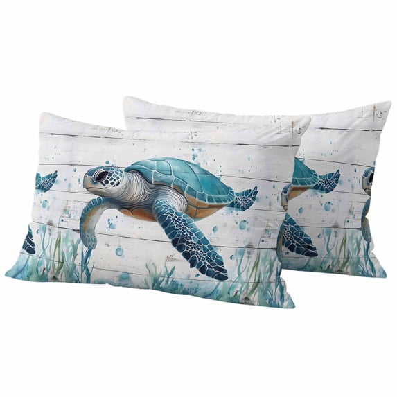 Summer Sea Turtle Blue Outdoor Waterproof Pillow Covers, Coastal Ocean Seaweed Wood Grain Decorative Rectangle Throw Pillowcase Sofa Cushion Sham for Patio/Couch/Chair, 20"x12" 2 Pack