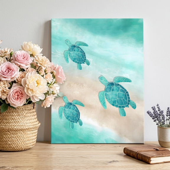 Summer Sea Turtle Canvas Wall Art Framed Wall Decor for Living Room Bedroom Bathroom, Teal Ocean Animal Gradient Sea Wave Sand Canvas Pictures Ready to Hang Decor, 8"x10"