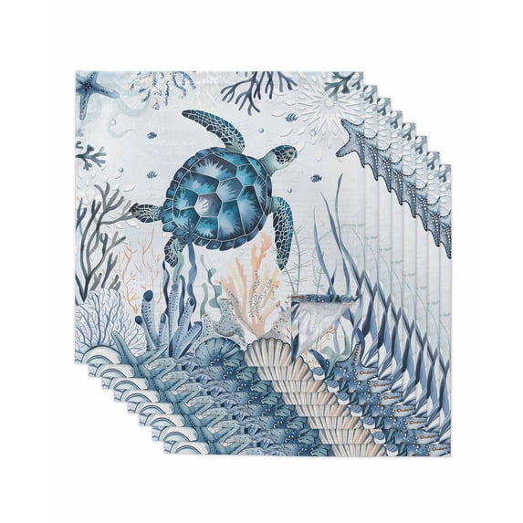 Summer Sea Turtle Cloth Napkins Set of 8 Reusable Dinner Napkins, Vintage Ocean Coastal Coral Flower Cocktail Napkin Washable Table Napkins for Wedding/Holiday Party/Baby Shower 20"x20"