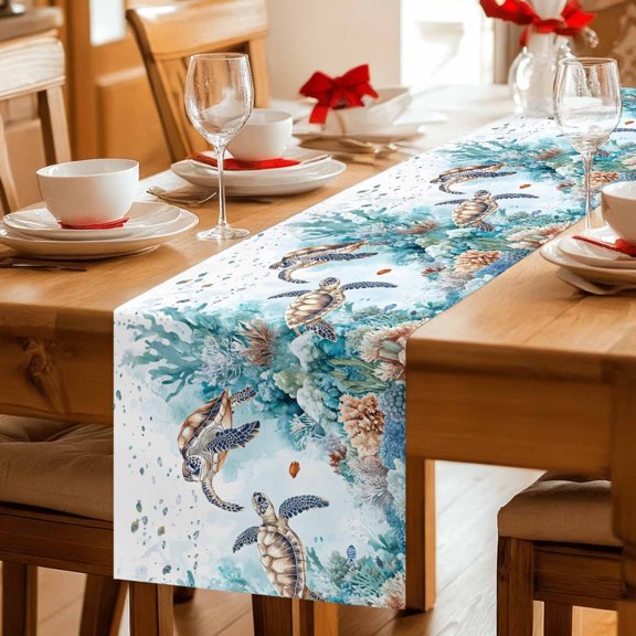 Summer Sea Turtle Coral Seaweed Table Runner 36 Inches Long,Kitchen Dining Tablerunners Fish Underwater World Linen Table Runners Dresser Scarves for Home Dinner Wedding Holiday Party Decor