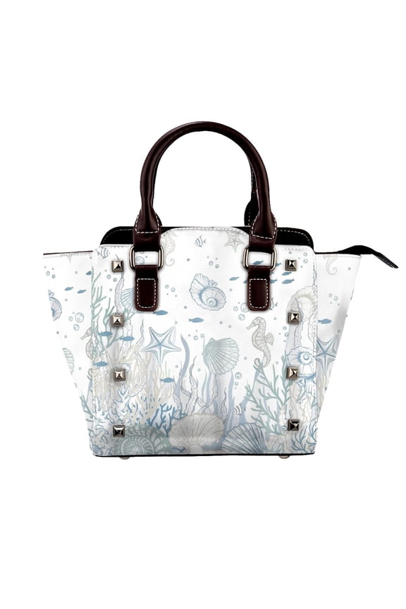 Summer Sea Turtle Coral Starfish Jellyfish Conch Seaweed Navy Blue Grey Rivet Fashion One-Shoulder Women's Handbag Tote Bag