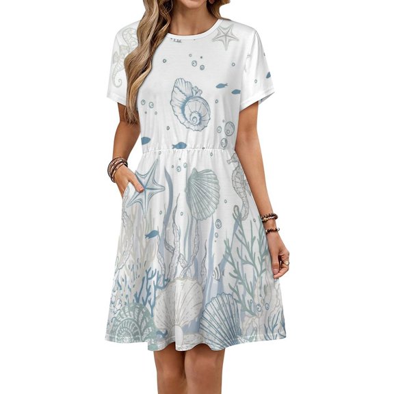 Summer Sea Turtle Coral Starfish Jellyfish Conch Seaweed Navy Blue Grey Short Sleeve Dress Women Summer Evening Dresses Ladies Sundress