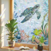 Summer Sea Turtle Coral Starfish Window Privacy Film, Rainbow Film Decorative Window Sticker 17.7x39.3in, Undersea World Seaweed Fish Sun Blocking Static Stained Glass Cling Tint Non-Adhesive