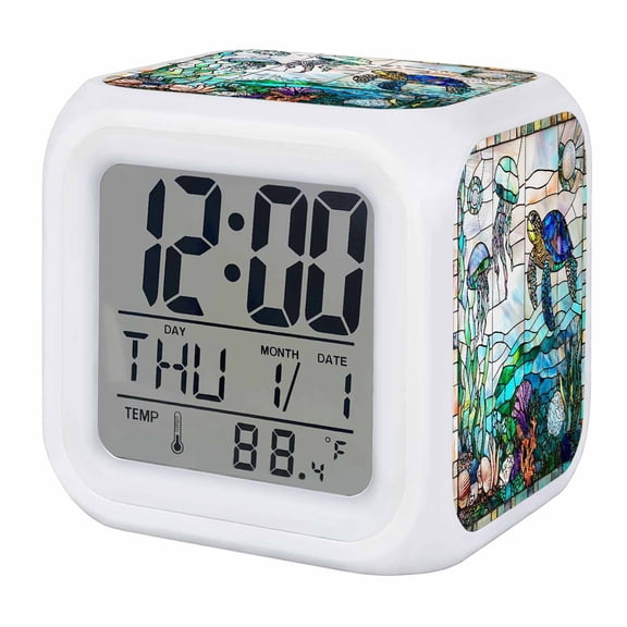 Summer Sea Turtle Digital Alarm Clock for Bedrooms,Smart LED Alarm Clock with 7 Color Changing Night Light,Stained Glass Ocean Jellyfish Coral Silent Wake Up Clocks for Sleep Study Cooking 3.2"x3.2"