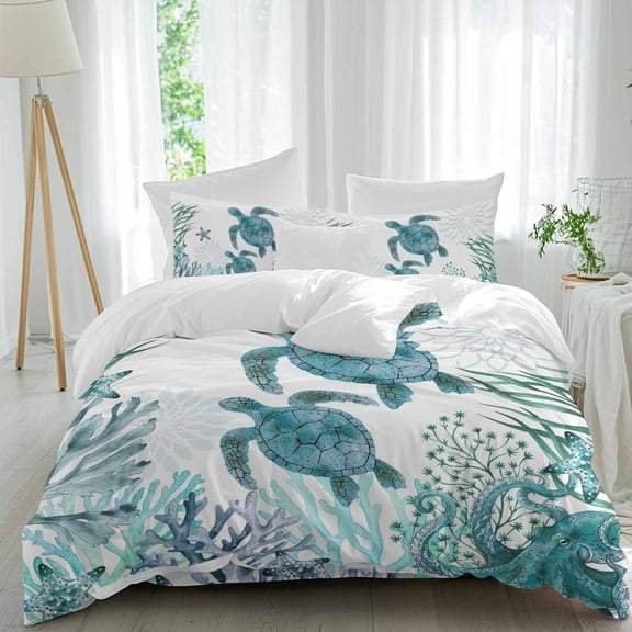 Summer Sea Turtle Full Size Comforter Set, Nautical Watercolor Green Ocean Coral Starfish Bedding for All Seasons, 4 Pcs Bed Set, 1Quiltcover (86"x86") ,1Sheet(80"x116"), 2Pillowcases (30"x20")