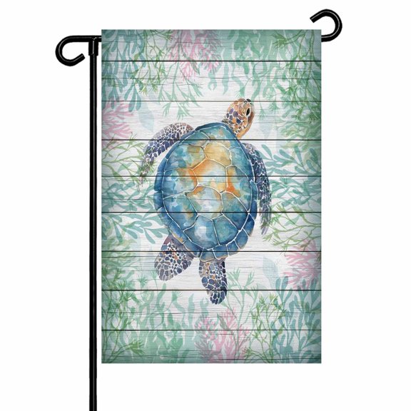 Summer Sea Turtle Garden Flag 12x18 Inch Nautical Ocean Watercolor Turtle Coral Wood Grain Double Sided Small Decorative Garden Flags for Outside, Outdoor Yard Porch Lawn Decoration