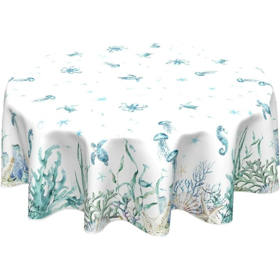 Summer Sea Turtle Jellyfish Table Cloth Round Blue Ocean Theme Nautical Coastal Tablecloth 60 Inch Decor Washable Stain and Wrinkle Resistant Round Table Cover for Dining Party Picnic