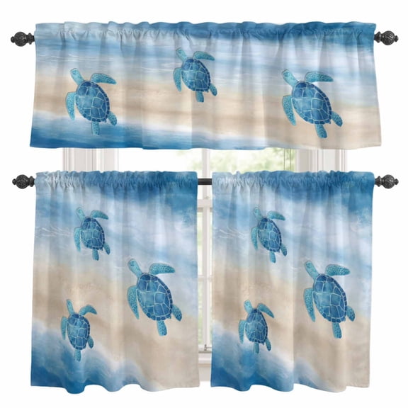 Summer Sea Turtle Kitchen Curtains Set for Windows, Dark Blue Ocean Animal Gradient Sea Wave Sand Curtains Valance and Tier 3 Piece Set Small Drapes 24 Inch Length for Kitchen Bedroom Decor
