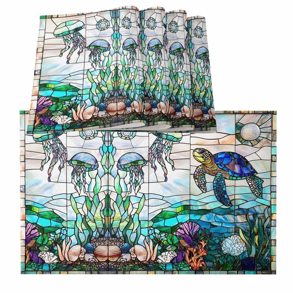 Summer Sea Turtle Placemats for Dinning Table Set of 6, Stained Glass Ocean Jellyfish Coral Burlap Kitchen Place Mats Waterproof Cloth Table Mats, Indoor Outdoor Placemats Easy Clean Dinner Decor