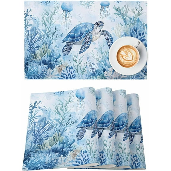 Summer Sea Turtle Placemats Set of 6, Washable Table Mats for Kitchen Dining Table, Cotton Linen Place Mats for Indoor Outdoor Parties Holiday Decoration, Blue Corals