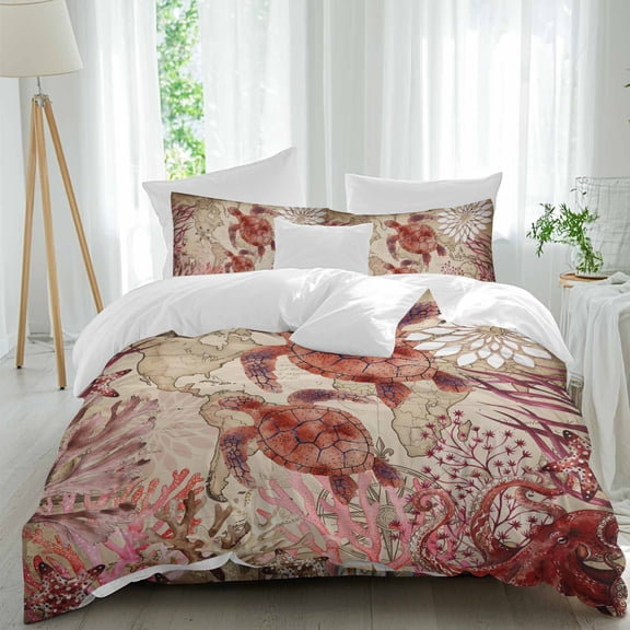 Summer Sea Turtle Queen Size Comforter Set, Nautical Vintage Red Ocean Coral Starfish Flower Bedding for All Seasons, 4 Pcs Bed Set, 1Quiltcover (90"x92") ,1Sheet(94"x116"), 2Pillowcases (30"x20")