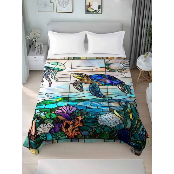 Summer Sea Turtle Queen Size Flat Sheet, Wrinkleproof & Fadeproof Cooling Flat Bed Sheet Only, Stained Glass Ocean Jellyfish Coral Breathable Soft Bedding Top Sheets 90 x 102 Inches