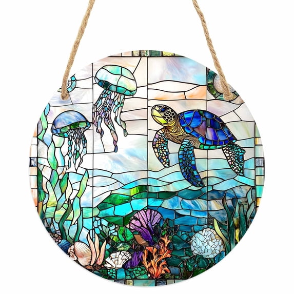 Summer Sea Turtle Round Front Door Welcome Sign, 5.9 Inch Wall Hanging Decor for Indoor Outdoor, Stained Glass Ocean Jellyfish Coral Home Porch Hanger Decorations for Holiday Gift