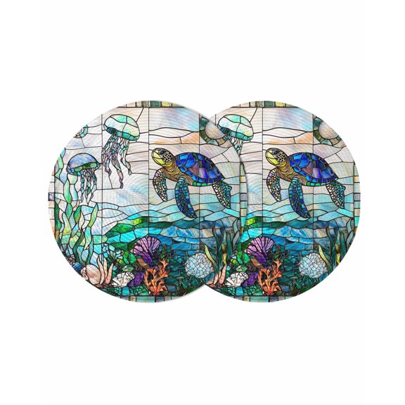 Summer Sea Turtle Round Placemats Set of 2 for Dinning Tables,Heat-proof Braided Table Mats 13 Inch,Stained Glass Ocean Jellyfish Coral Washable Place Mat for Kitchen Restaurant Party Table Decor