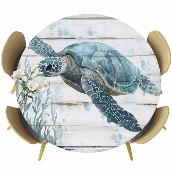 Summer Sea Turtle Round Tablecloth 36-44 Inch Round Fitted Table Cloth with Elastic Edge, Coastal Ocean Vintage Wood Board Waterproof Table Cover Protector for Outdoor Picnic Party Dining