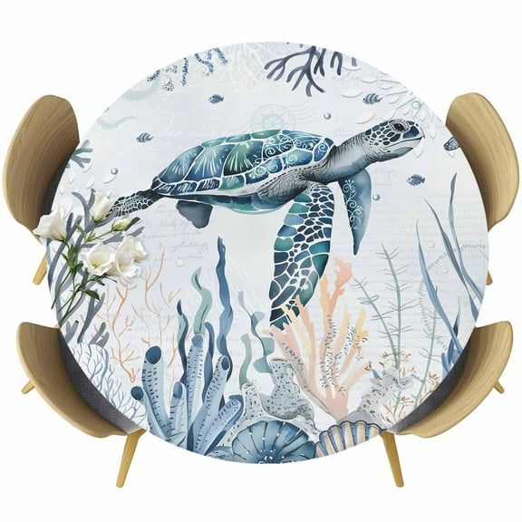 Summer Sea Turtle Round Tablecloth 45-54 Inch Round Fitted Table Cloth with Elastic Edge, Ocean Coastal Coral Flower Waterproof Table Cover Protector for Outdoor Picnic Party Dining