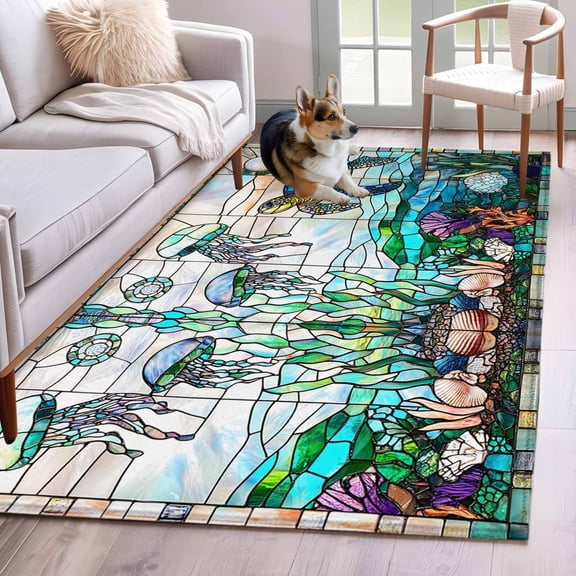 Summer Sea Turtle Runner Rug 2.7x5 FT, Non Slip Entryway Carpet, Stained Glass Ocean Jellyfish Coral Washable Soft Floor Carpet Entrance Mat Non-Shedding Throw Rug for Hallway Laundry Room Bedside