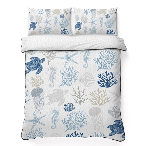 Summer Sea Turtle Seashells 3 Piece Quilt Bedding Set with 2 Pillow Shams, Coral Ocean Creature Lightweight Bedspread Coverlet, Soft Breathable All Season Quilt, 79 x 90 Inch