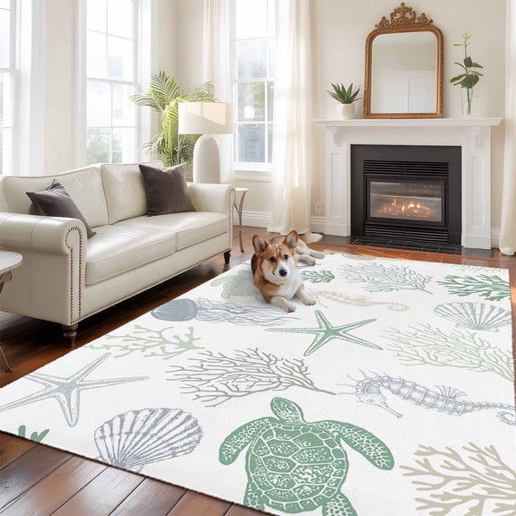 Summer Sea Turtle Seashells 5x7 Area Rugs for Living Room, Coral Ocean Creature Green Gradient Non Slip Floor Mat Washable Low-Profile Indoor Carpet for Bedroom, Dining Room, Bathroom