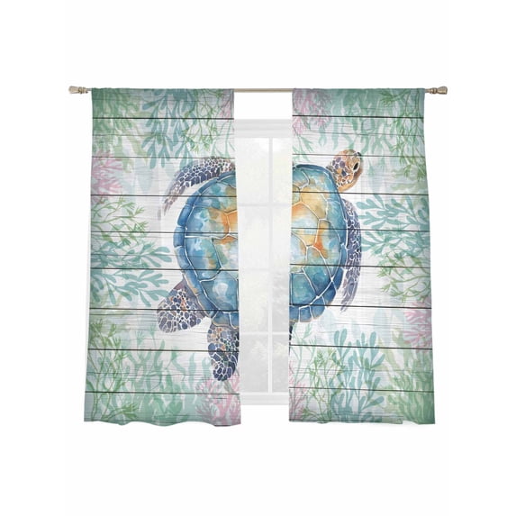Summer Sea Turtle Sheer Curtains 72 Inch Long 2 Panels, Nautical Ocean Watercolor Turtle Coral Wood Grain Light Filtering Rod Pocket Curtains, Sheer Voile Drapes for Living Room Bedroom, 52"x72"
