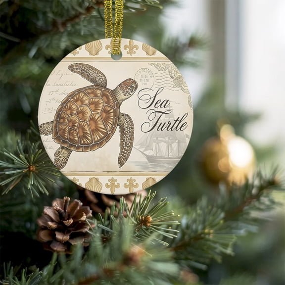 Summer Sea Turtle Shell Christmas Ceramic Ornament 2026,3" Round Xmas Tree Hanging Accessories with Gold Ribbon,Vintage Nautical Sailboat Pendant Ornaments for Holiday Gift Home Party Decor
