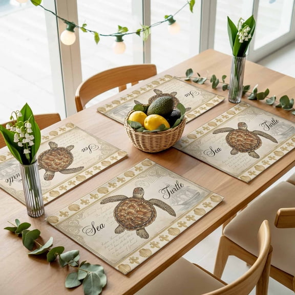Summer Sea Turtle Shell Placemats Set of 4,Wipeable Washable Table Mats for Dining Tables, Vintage Nautical Sailboat Place Mats for Kitchen Event Party Tabletop Decor