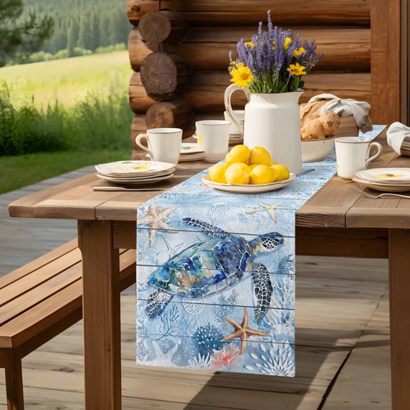 Summer Sea Turtle Starfish Coral Table Runner 60 Inch Long Blue Ocean World Table Runners Linen Burlap Tablerunner for Kitchen Dining Room Holiday Party