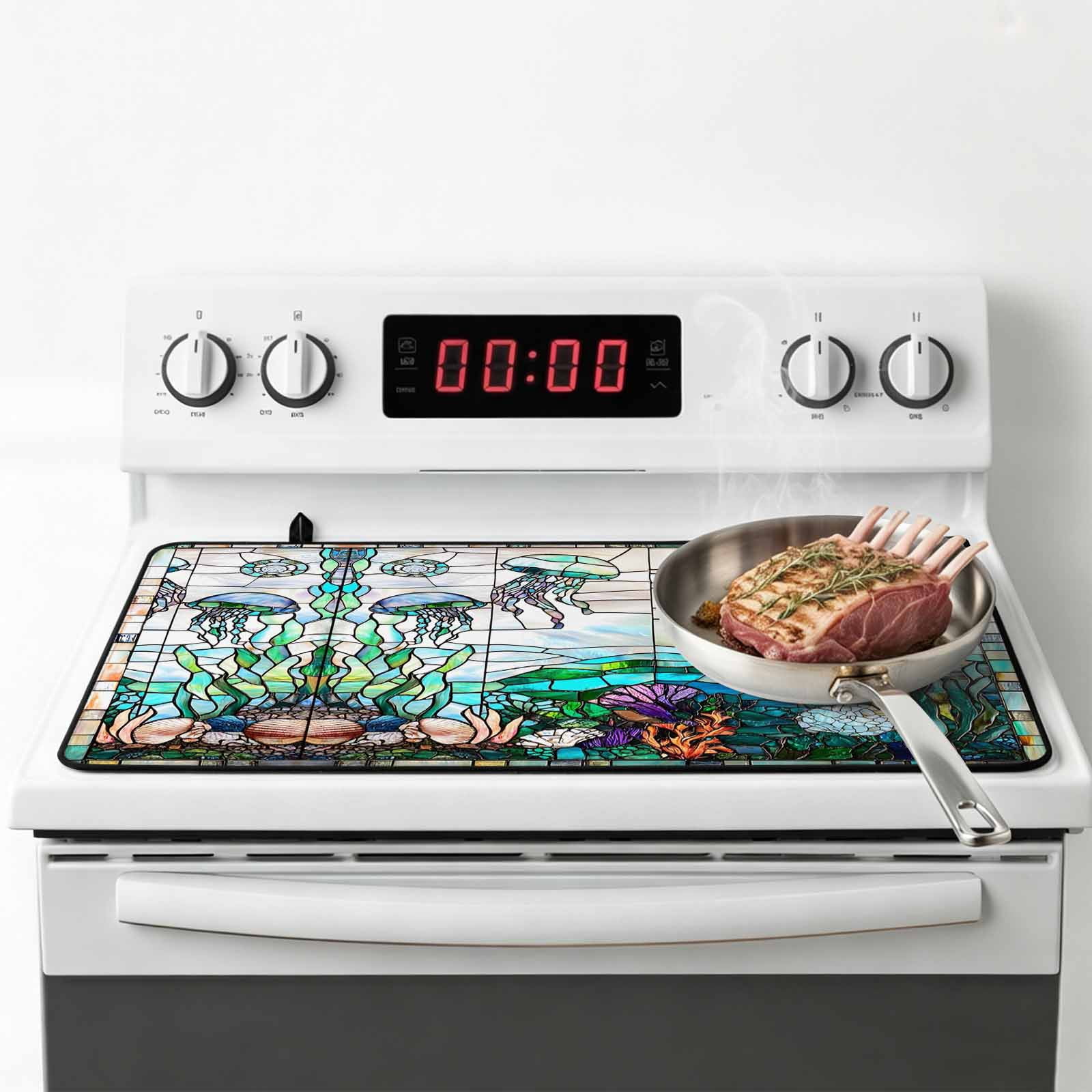Summer Sea Turtle Stove Top Cover for Electric Stove, Heat-proof & Non Slip Glass Top Stove Cover Protector, Stained Glass Ocean Jellyfish Coral Kitchen Flat Cooktop Rubber Mat 24x21 Inches