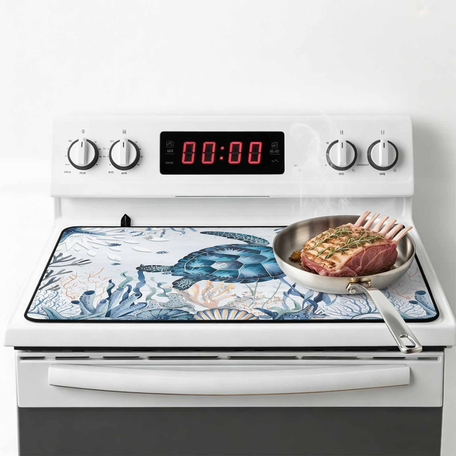 Summer Sea Turtle Stove Top Cover for Electric Stove, Heat-proof & Non Slip Glass Top Stove Cover Protector, Vintage Ocean Coastal Coral Flower Kitchen Flat Cooktop Rubber Mat 28.5x20.5 Inches