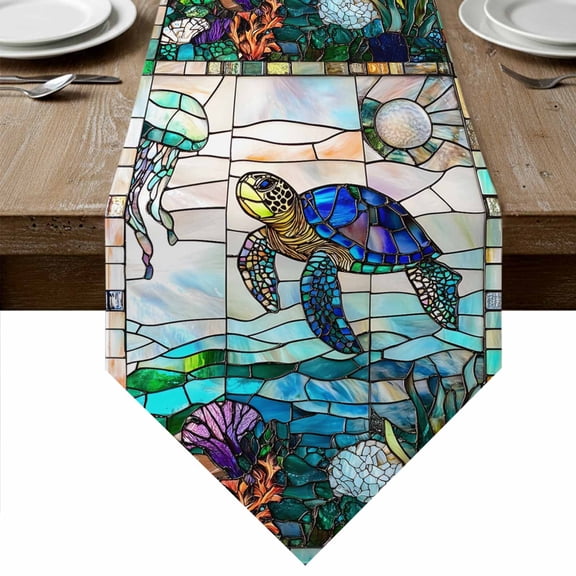 Summer Sea Turtle Table Runner Linen Burlap Table Runner 48 Inches Long Stained Glass Ocean Jellyfish Coral Dresser Scarves for Kitchen Island Coffee Dining Party Wedding Holiday Decor 13"x48"