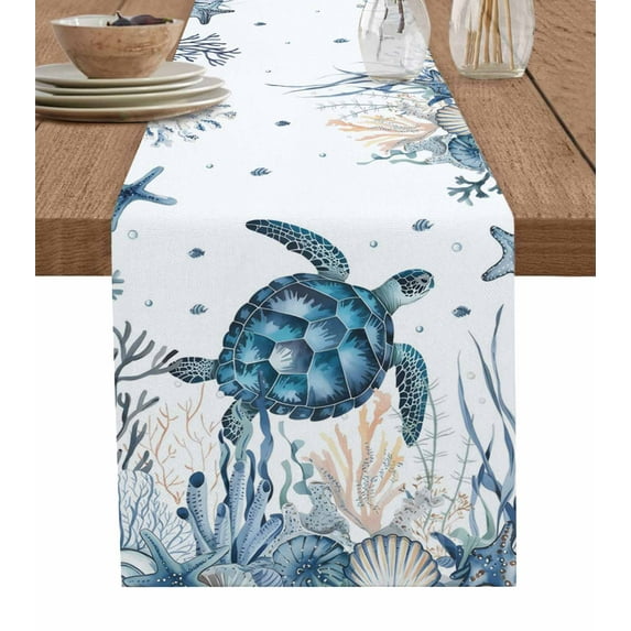 Summer Sea Turtle Table Runner Ocean Coastal Coral White Tablerunners 13 x 60 Inch, Table Decorations Tabletop Scarf for Summer Gathering Holiday Farmhouse Kitchen Dining Decor
