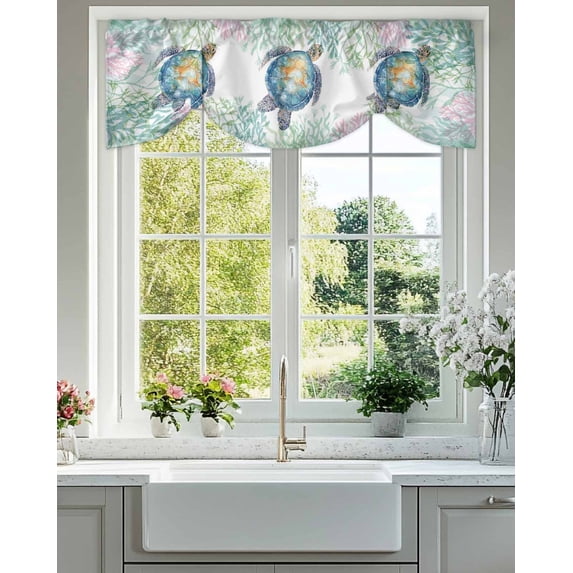Summer Sea Turtle Tie Up Valances Curtain, Adjustable Kitchen Nautical Coastal Ocean Watercolor Turtle Coral Valances for Windows Decor, Rod Pocket Short Curtains Set for Bedroom/Bathroom, 42"x18"