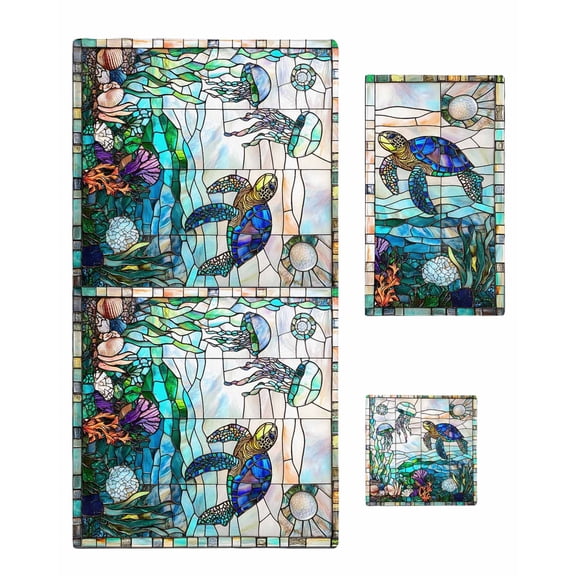 Summer Sea Turtle Towel Set of 3, Soft Microfiber Bath Towels, Hand Towel, Washcloths, Stained Glass Ocean Jellyfish Coral Quick-Dry Absorbent Towels for Bathroom Kitchen Hotel Beach Gym Spa