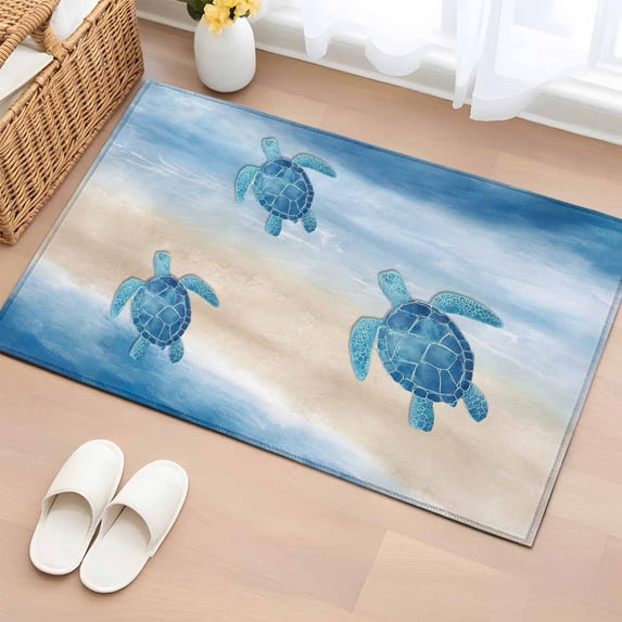 Summer Sea Turtle Washable Area Rug 2 x 3 ft Dark Blue Ocean Animal Gradient Sea Wave Sand, Soft Non Slip Rugs Stain Repellent Indoor Felt Carpet for Living Dining Room Bedroom Home Office