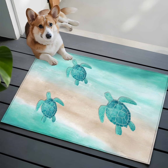 Summer Sea Turtle Washable Entry Rug 2x3 Teal Ocean Animal Gradient Sea Wave Sand Low Pile Indoor Door Mat with Rubber Backing Thin Area Rug for for Entrance, Bedroom, Kitchen, Laundry, Bathroom