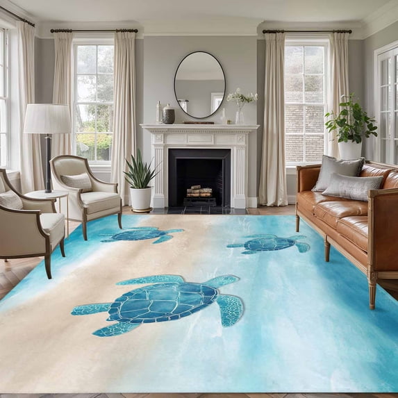 Summer Sea Turtle Washable Living Room Rugs 5'x7', Blue Ocean Animal Gradient Sea Wave Sand Low Pile Throw Large Area Rugs Non-Slip Sturdy Edge Binding Carpet for Dining Room Bedside Kitchen