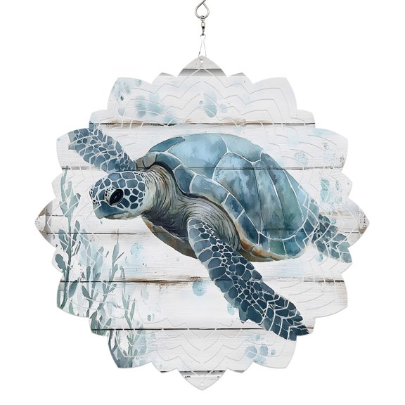Summer Sea Turtle Wind Spinner for Yard and Garden, Coastal Ocean Vintage Wood Board Hanging Wind Spinner Outdoor 3D Kinetic Wind Sculpture Spinners Indoor Outdoor Patio Décor Ornaments Gift 8 Inch