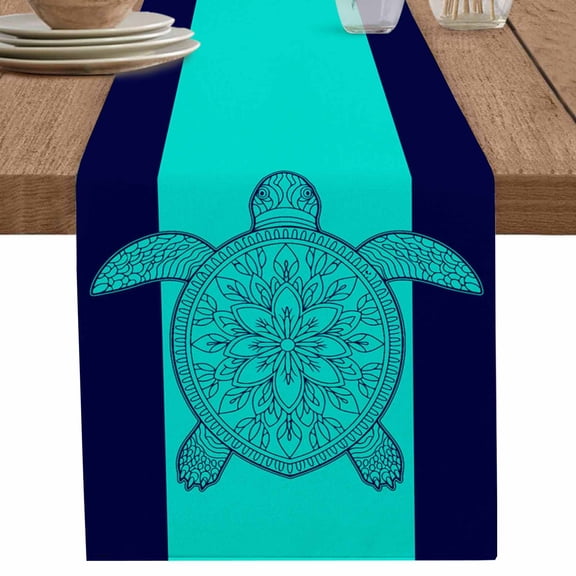 Summer Sea Turtle on Teal Blue Table Runner-70 Inch Long Modern Black Table Runners Linen Burlap Tablerunner for Kitchen Dining Room Holiday Party